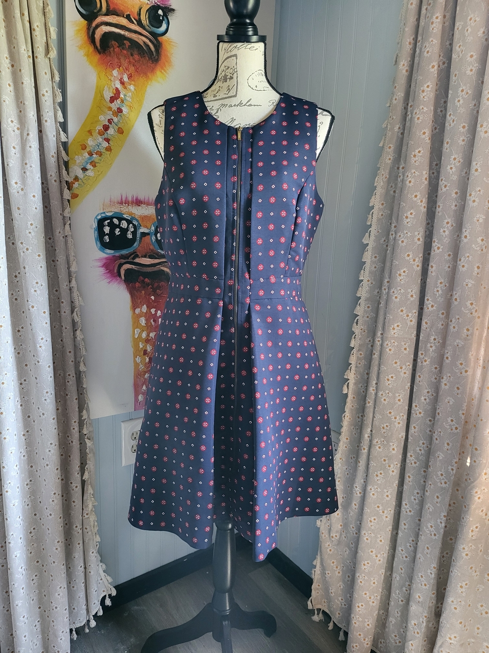 Tommy Hilfiger Navy Red Medallion Print Zip Front Fit Flare Dress Size 10